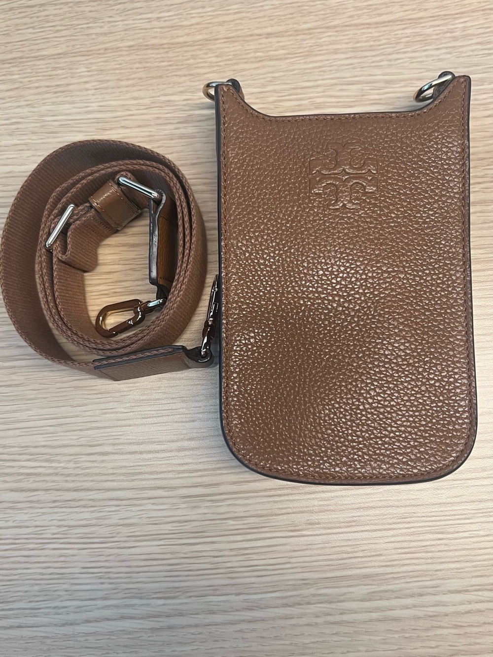 Tory Burch Brown Pebbled Leather Crossbody phone Bag with Detachable Strap